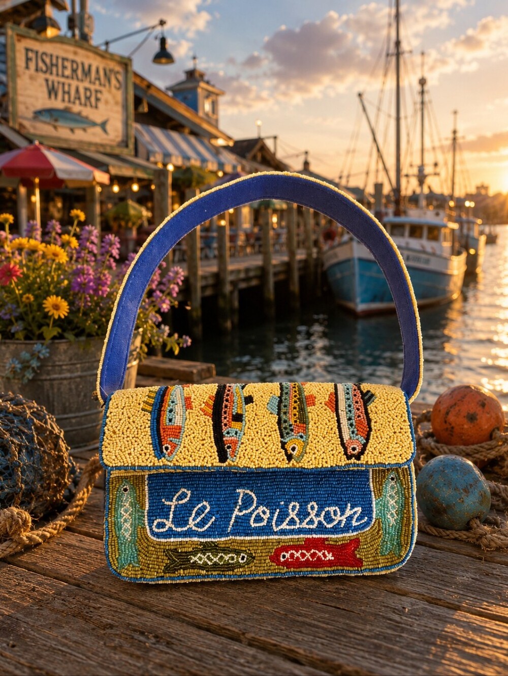 Beaded Sardine Fish Tales Shoulder Bag - Blue / Yellow America & Beyond NWT Vira